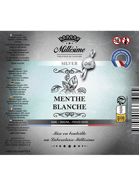 Millésime | E-liquide | Gamme Silver 50ML | Menthe Blanche